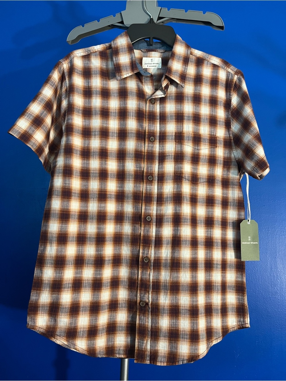 Mutual weave Brown White Short-Sleeve Plaid Button-Down Shirt